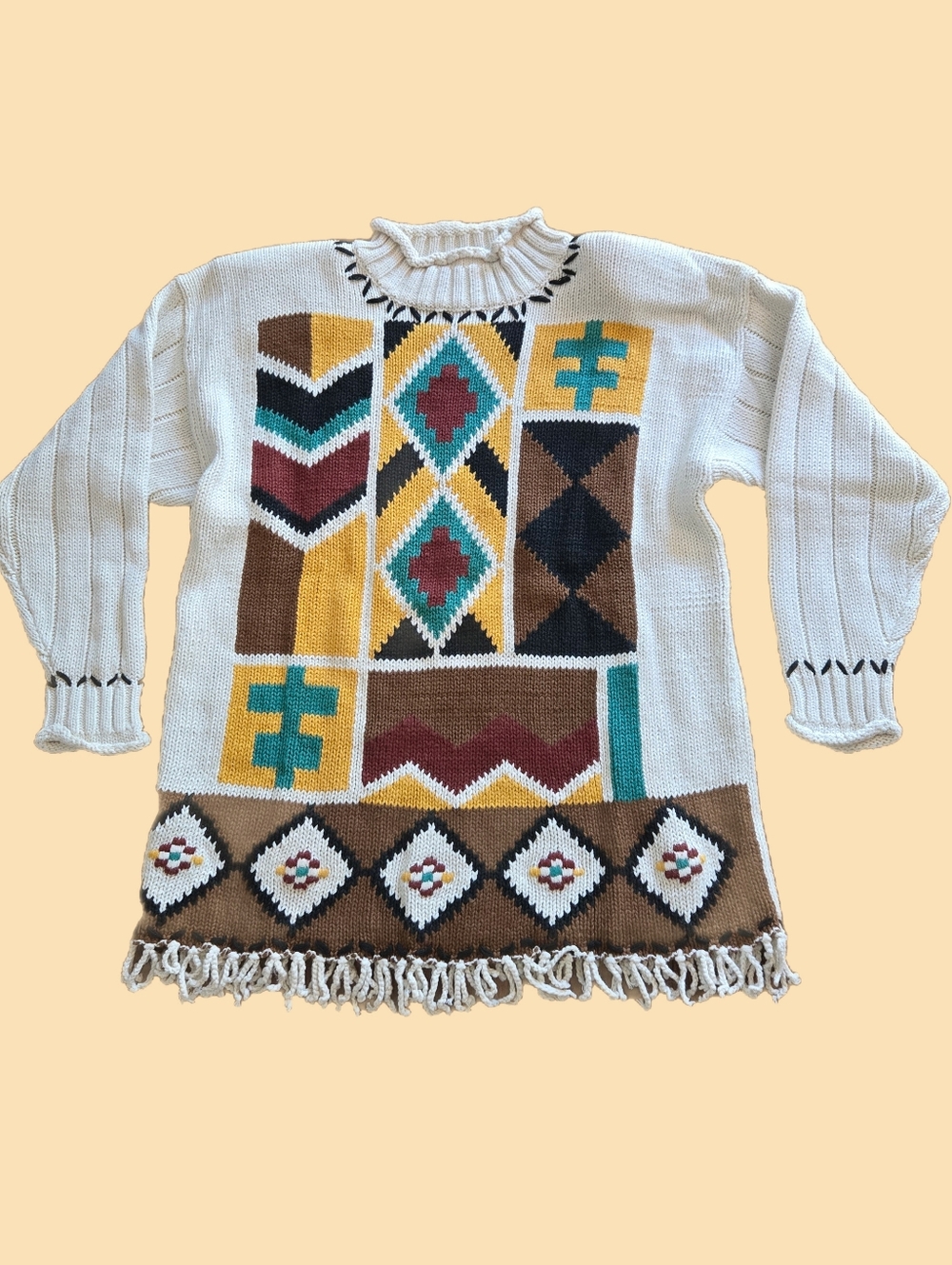 Vintage Celina Yang Cotton & Ramie Southwestern Sweater Sz M Shoulder Pads Knit
